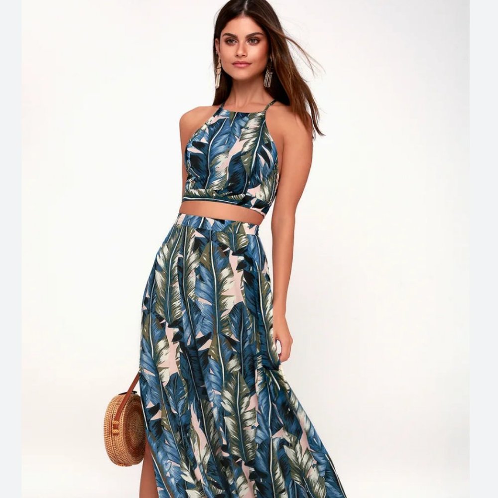 Lulu's Back to Your Roots Teal Blue Leaf Print Two-Piece Maxi Dress NWT